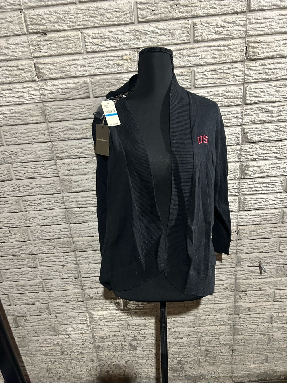 NWT Tommy Bahamas Black Open Front Cardigan with Red 'USC' Embroidery